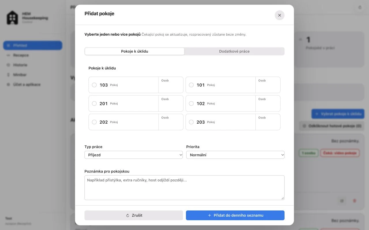 Zadání pokojů, typu úklidu a priority v HEM
