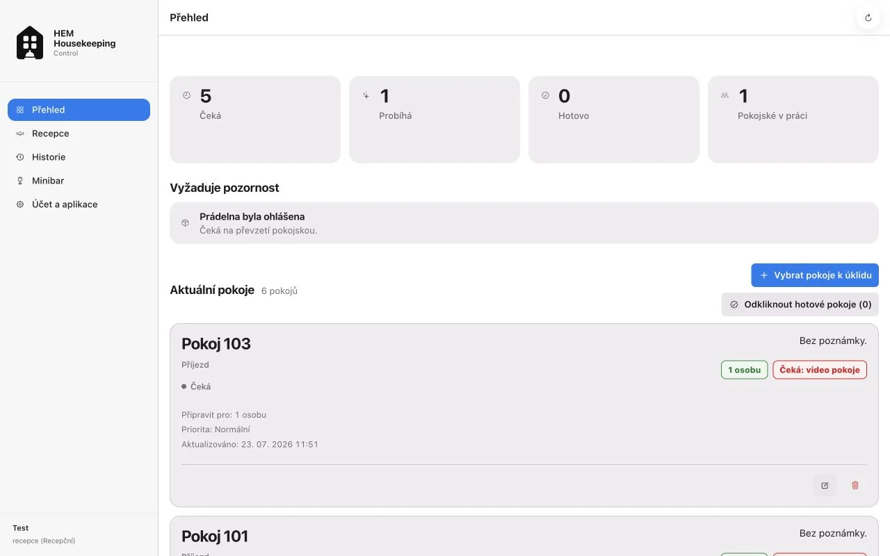 Web HEM Housekeeping: přehled recepce v testovacím hotelu