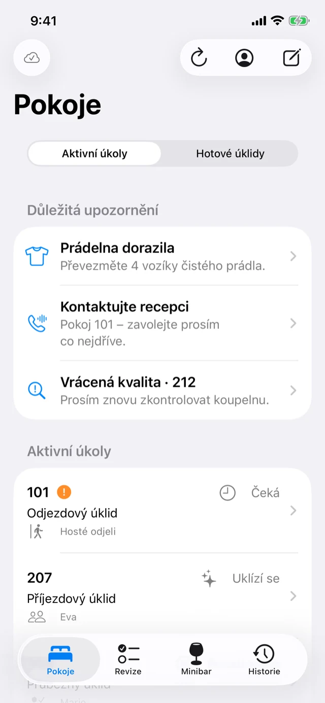 iOS aplikace HEM Housekeeping pro pokojské