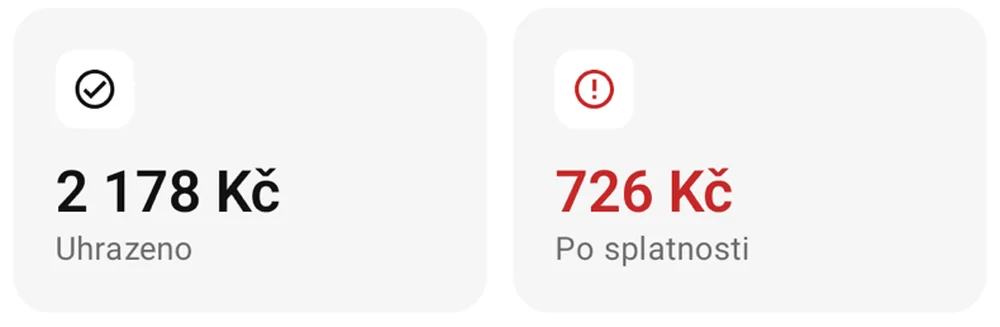 Sample payment overview: CZK 2,178 paid and CZK 726 overdue.